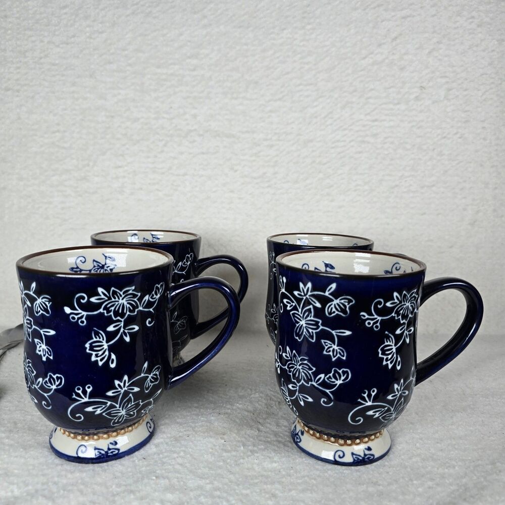 Set Of 4 Temptations Blue Floral Lace Mug 16 Ounce Cup Temptations By Tara